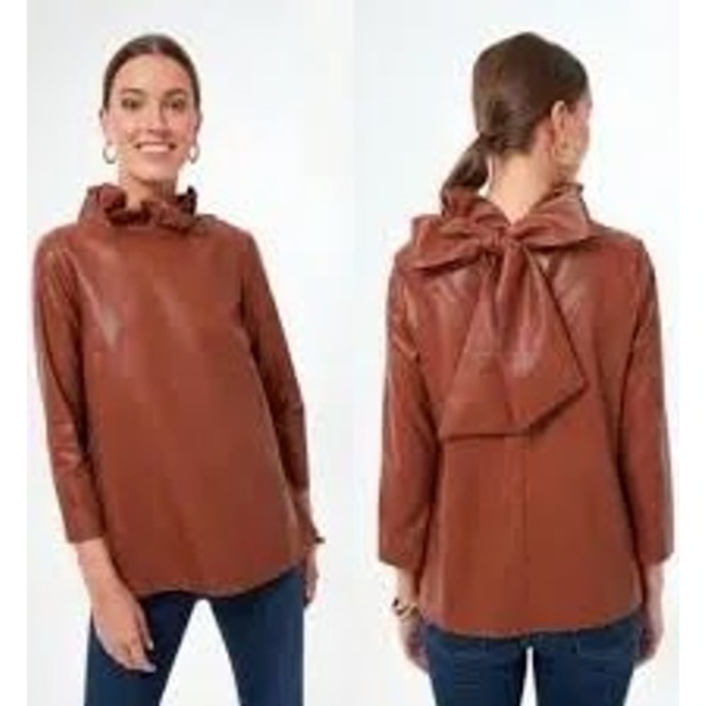 Tuckernuck Faye Womens Faux Leather Bow Back Ruffle Neck Top Cognac Brown Large